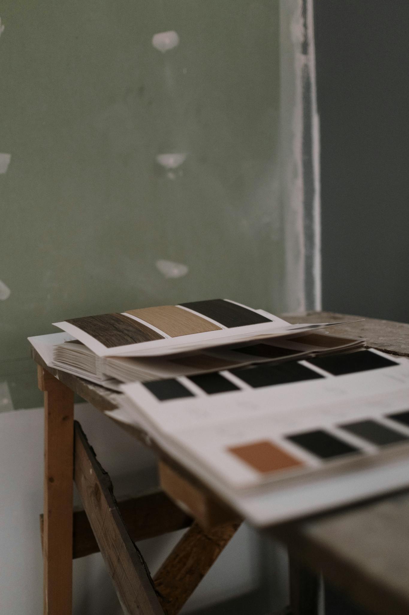 Close-up of interior renovation palette samples on a workbench, showcasing various color options.